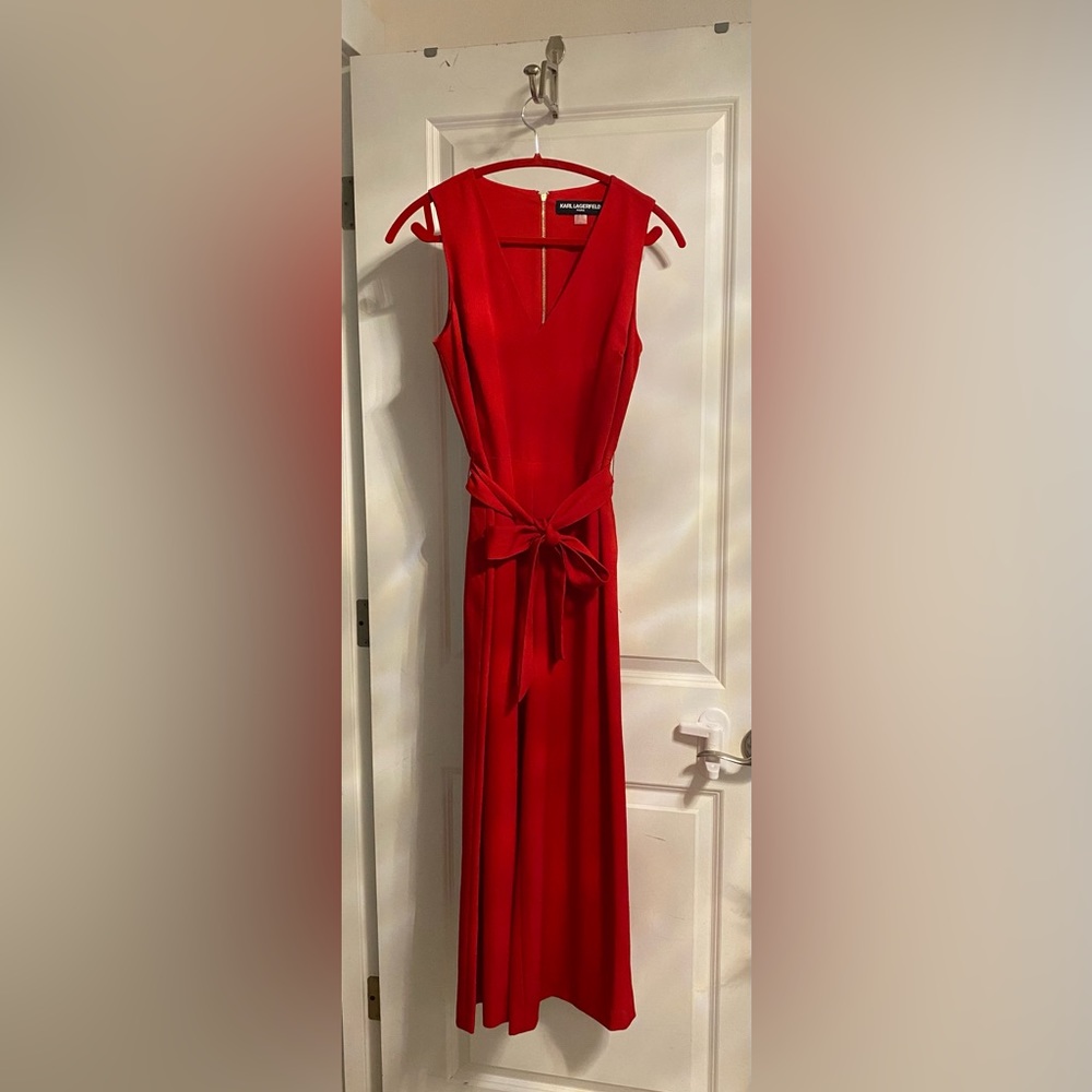 Karl Lagerfield red sleeveless pantsuit with gold zipper